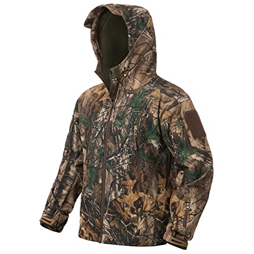 NAVEKULL Hunting Clothes for Men Soft Shell Outdoor Jacket Water Resistant Windproof Camo Fleece Hooded Tactical Coat Military Army Lightweight Jungle Training Tree Camouflage Hiking Climbing Shooting Jackets with Pockets